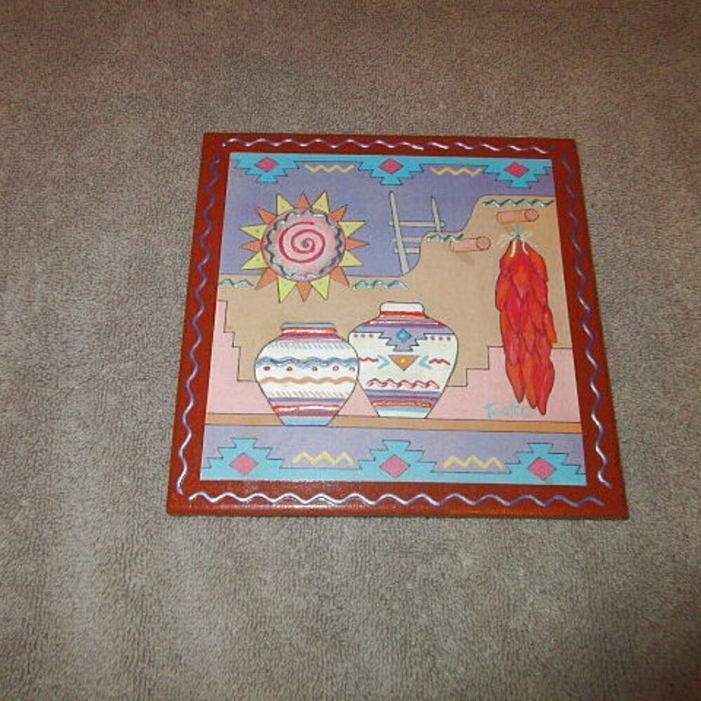 Vtg Tu Oti Ceramic Art Tile Trivet Desert Sun Chili Peppers Pottery Southwestern